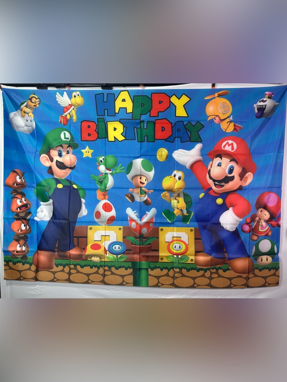 Large Super Mario Happy Birthday Backdrop Banner 7x5Ft.